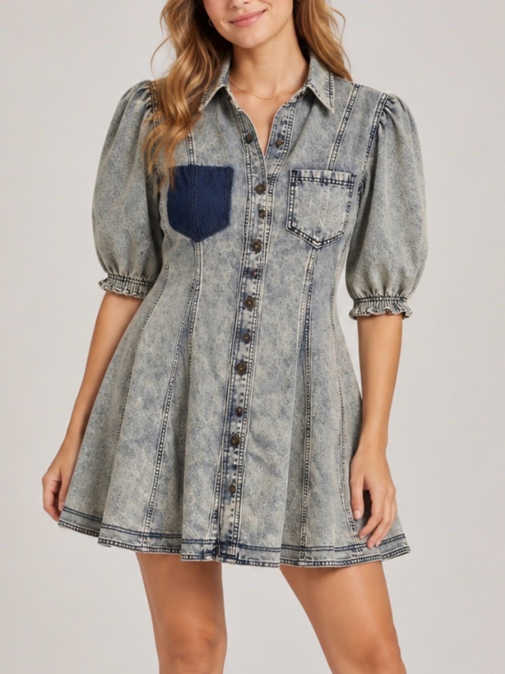 Acid Wash Denim Puff Sleeve Button Front Mini Dress